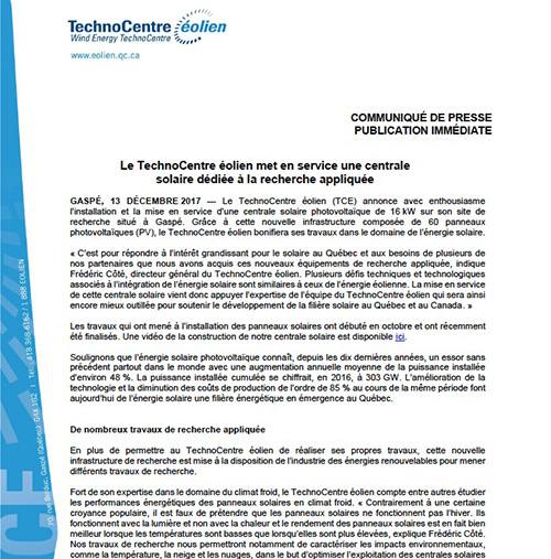 Le TechnoCentre éolien met en service une centrale solaire dédiée à la recherche appliquée